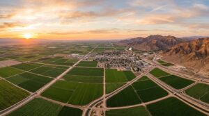 Aerial view of Imperial County California farmland and towns