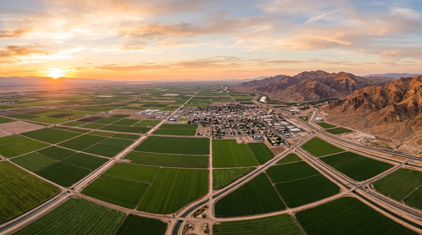 Aerial view of Imperial County California farmland and towns