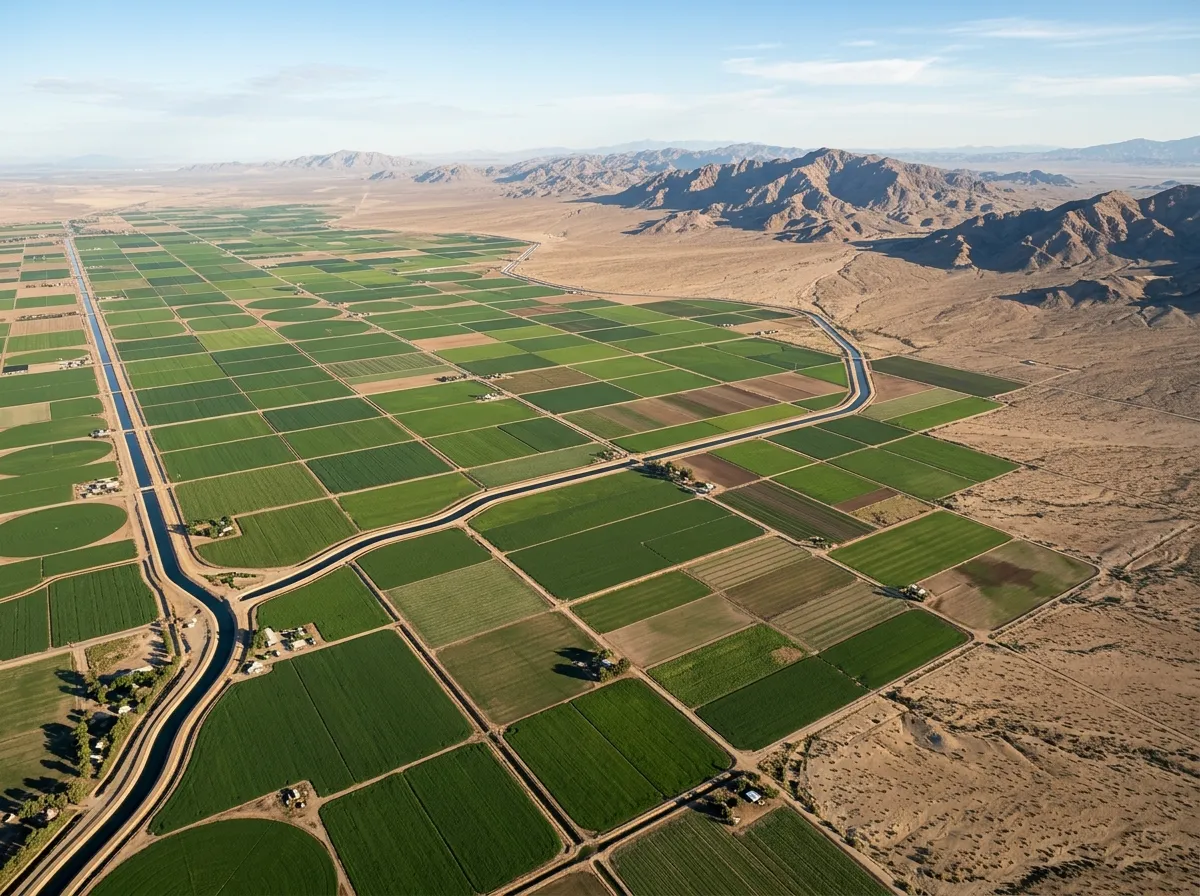 Aerial view of Imperial Valley farmland surrounded by California desert