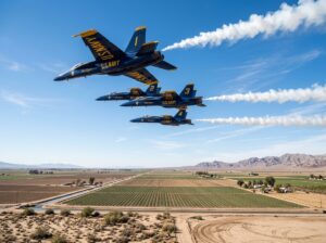 Blue Angels jets in formation training over the Imperial Valley