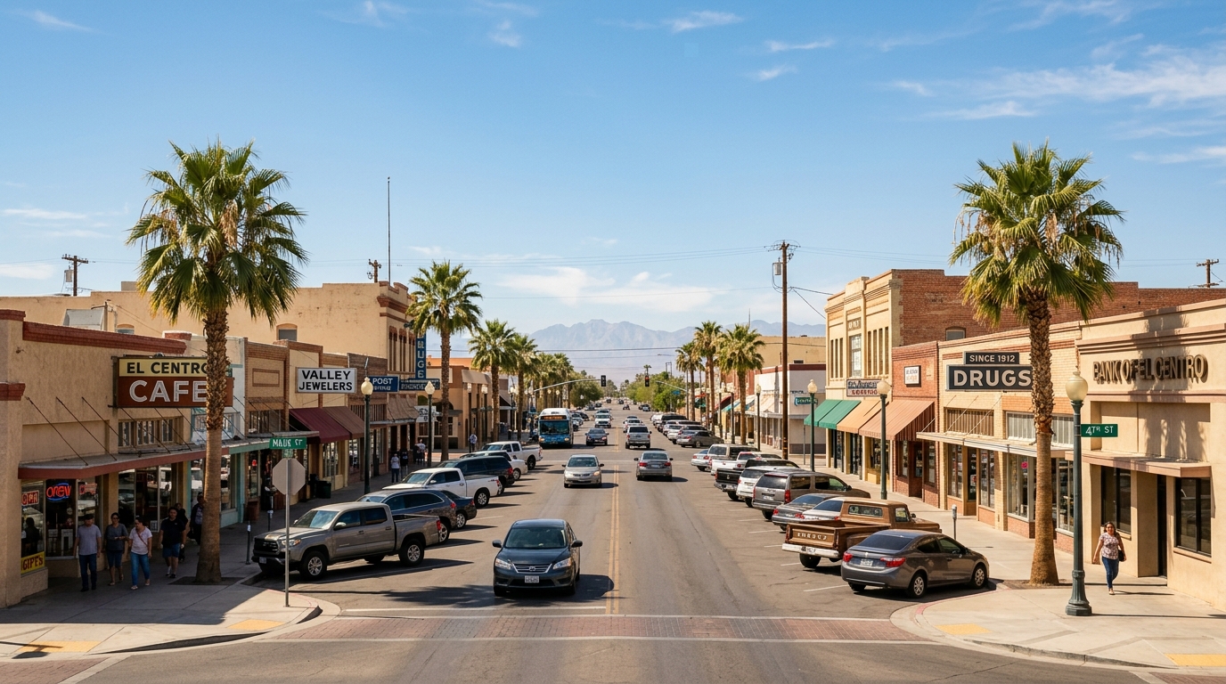 Downtown streetscape in El Centro California on a sunny day