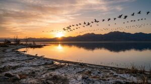 Migratory birds over the Salton Sea at sunrise in Imperial County