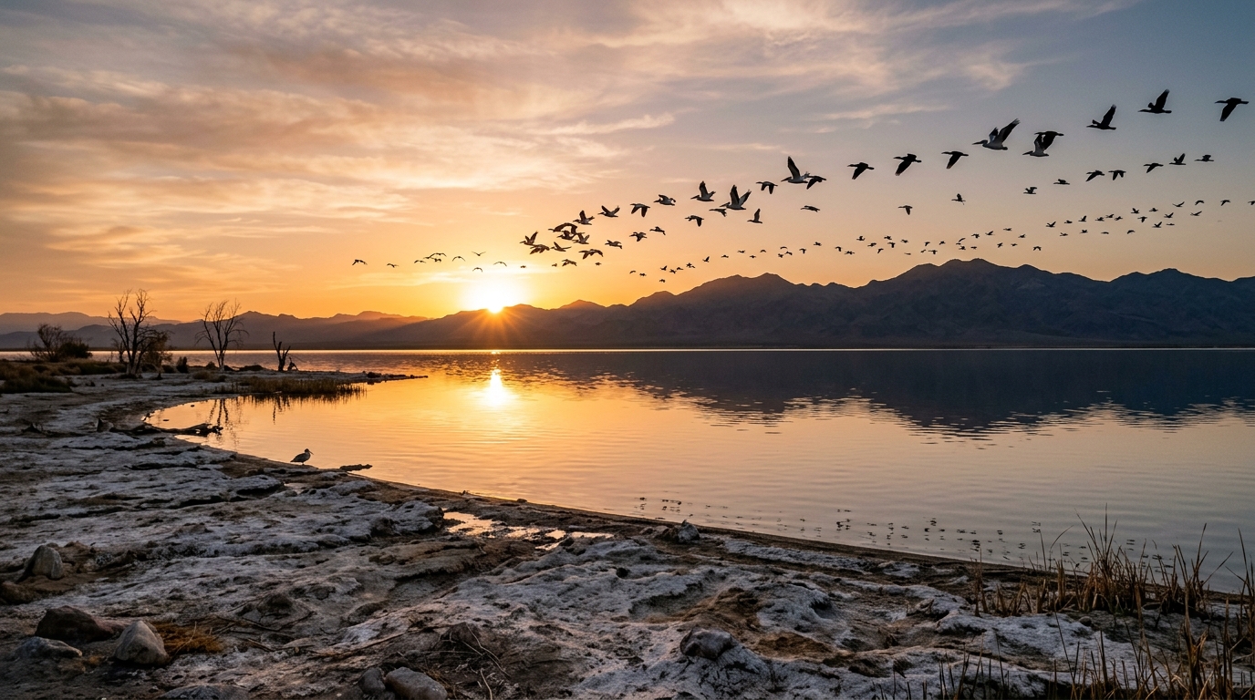 Migratory birds over the Salton Sea at sunrise in Imperial County