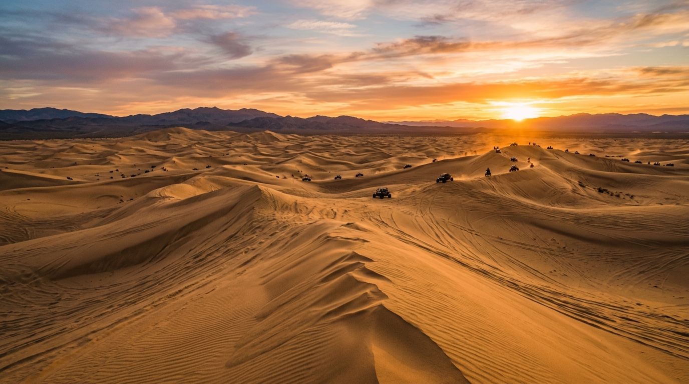 Off-road vehicles on golden sand dunes at Imperial Sand Dunes Recreation Area