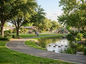 Shaded park with pond and walking path in El Centro